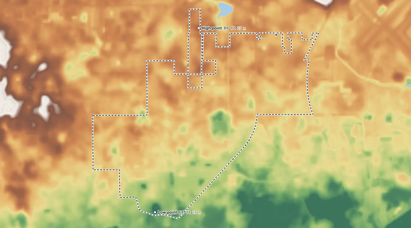 Topographic elevation map of Zephyrhills South, Florida, shaded from 64 ft on the southwest side to 89 ft on the north side