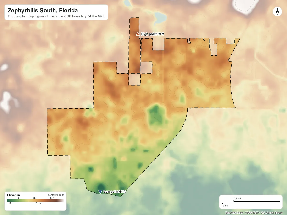Topographic elevation map of Zephyrhills South, Florida, shaded from 64 ft on the southwest side to 89 ft on the north side