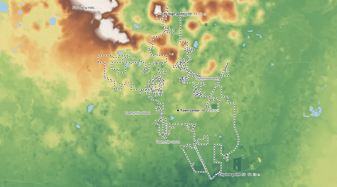 Topographic elevation map of Zephyrhills, Florida, shaded from 58 ft on the southeast side to 200 ft on the north side
