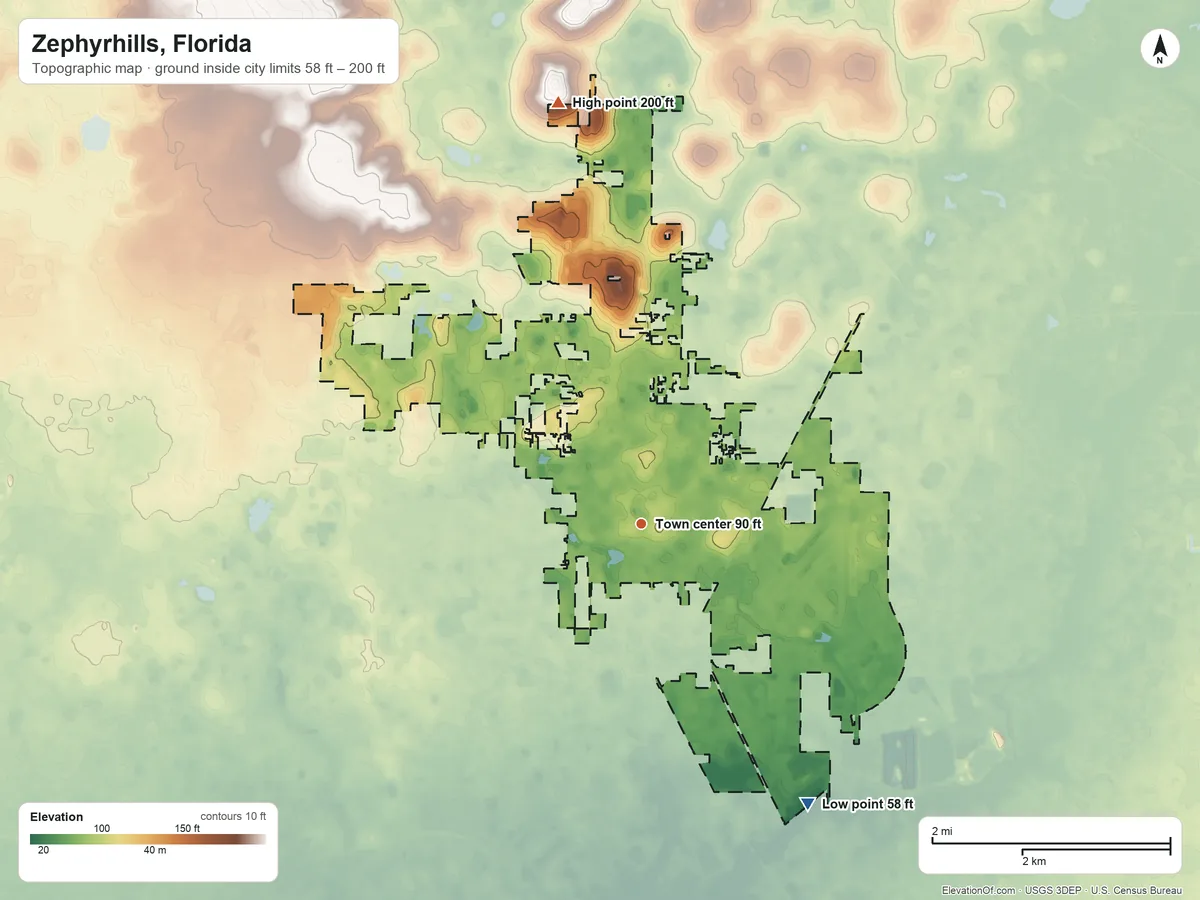 Topographic elevation map of Zephyrhills, Florida, shaded from 58 ft on the southeast side to 200 ft on the north side