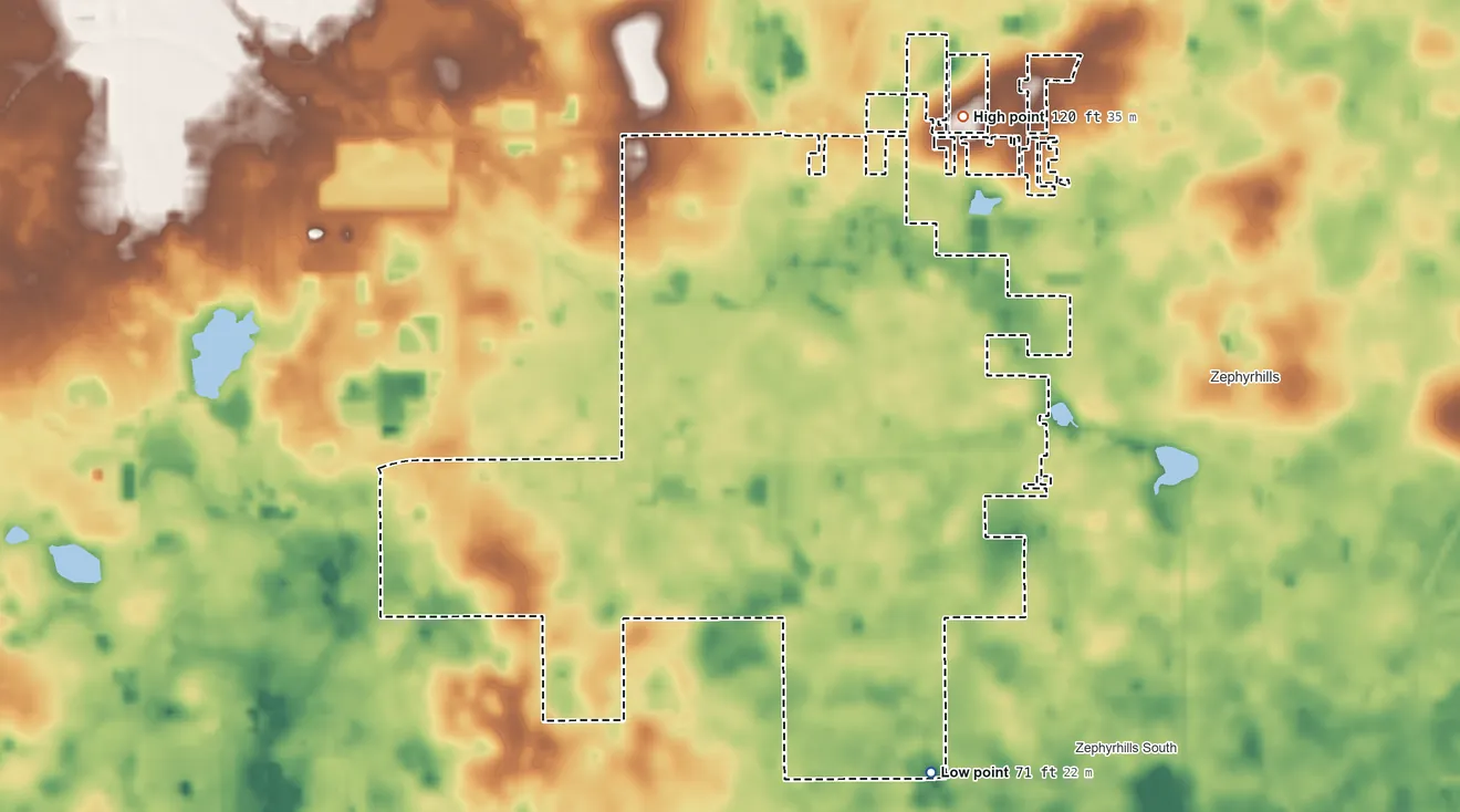 Topographic elevation map of Zephyrhills West, Florida, shaded from 71 ft on the southeast side to 120 ft on the northeast side