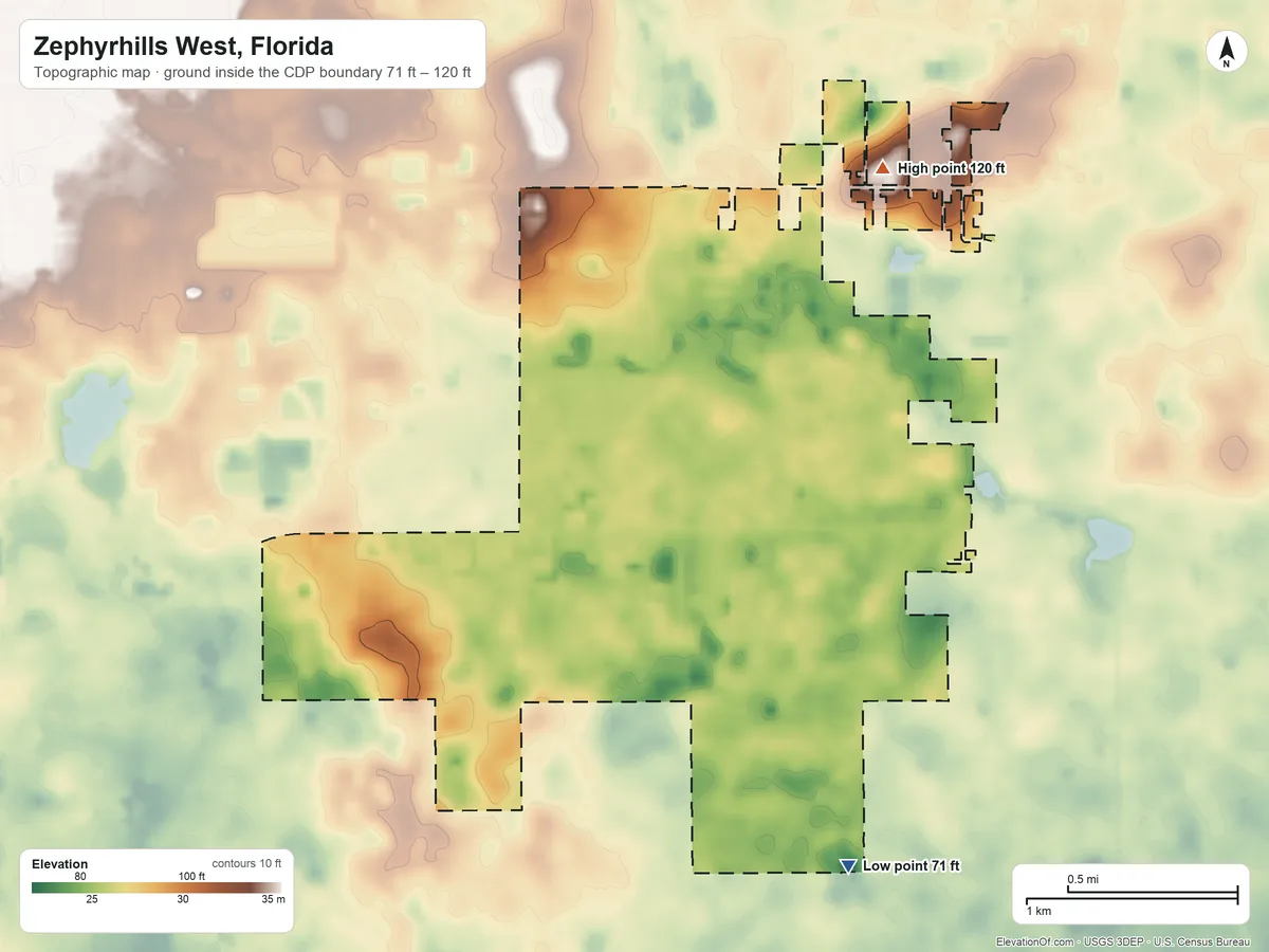 Topographic elevation map of Zephyrhills West, Florida, shaded from 71 ft on the southeast side to 120 ft on the northeast side