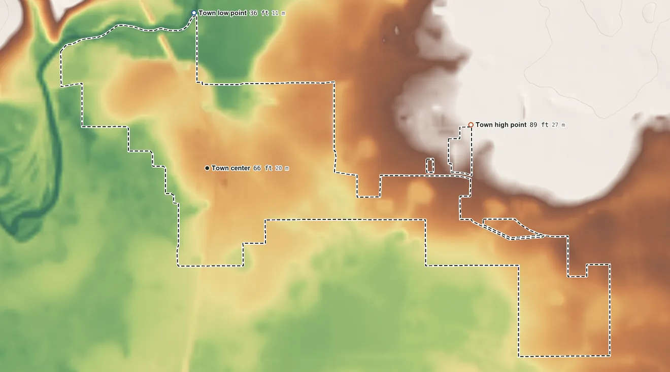 Topographic elevation map of Zolfo Springs, Florida, shaded from 36 ft on the north side to 89 ft on the east side