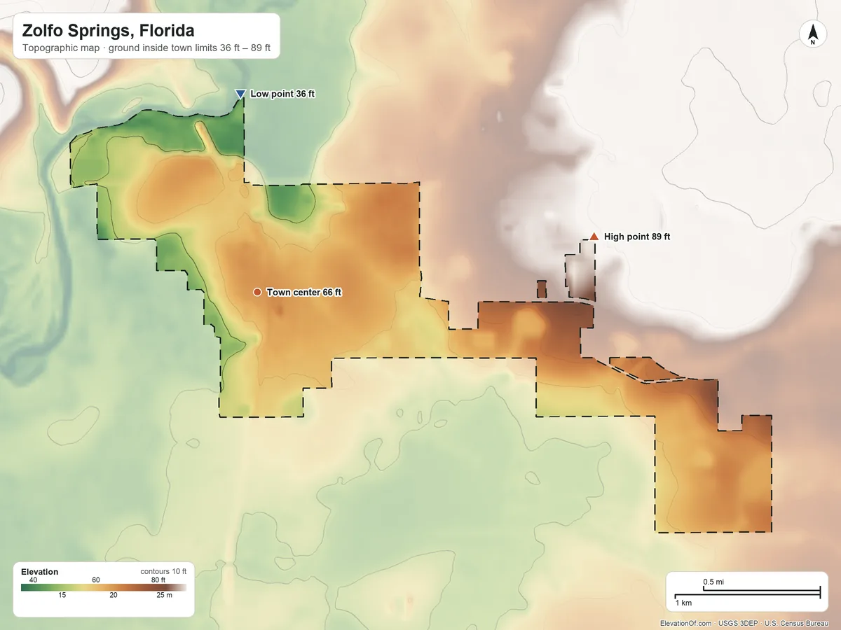 Topographic elevation map of Zolfo Springs, Florida, shaded from 36 ft on the north side to 89 ft on the east side