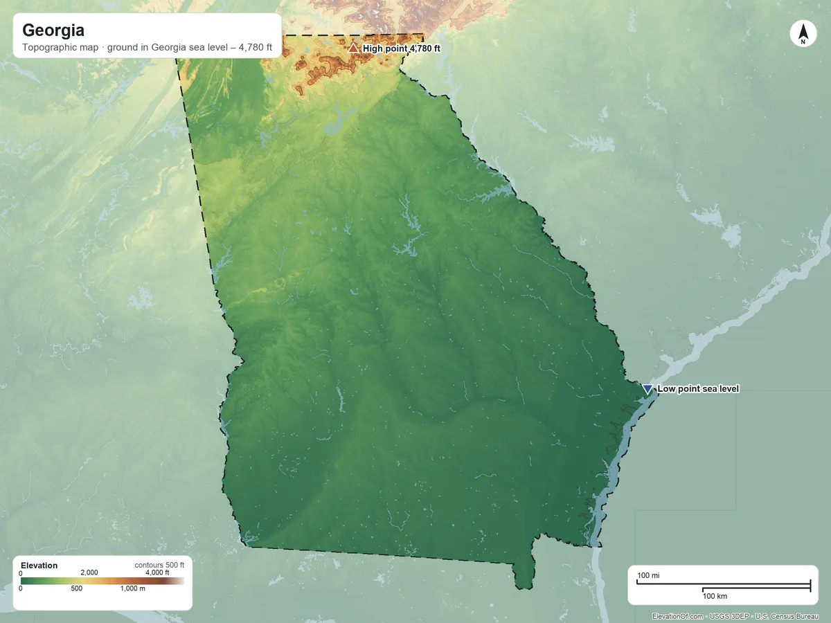 Topographic elevation map of Georgia, shaded from sea level on the Atlantic Ocean to 4,780 ft on Brasstown Bald