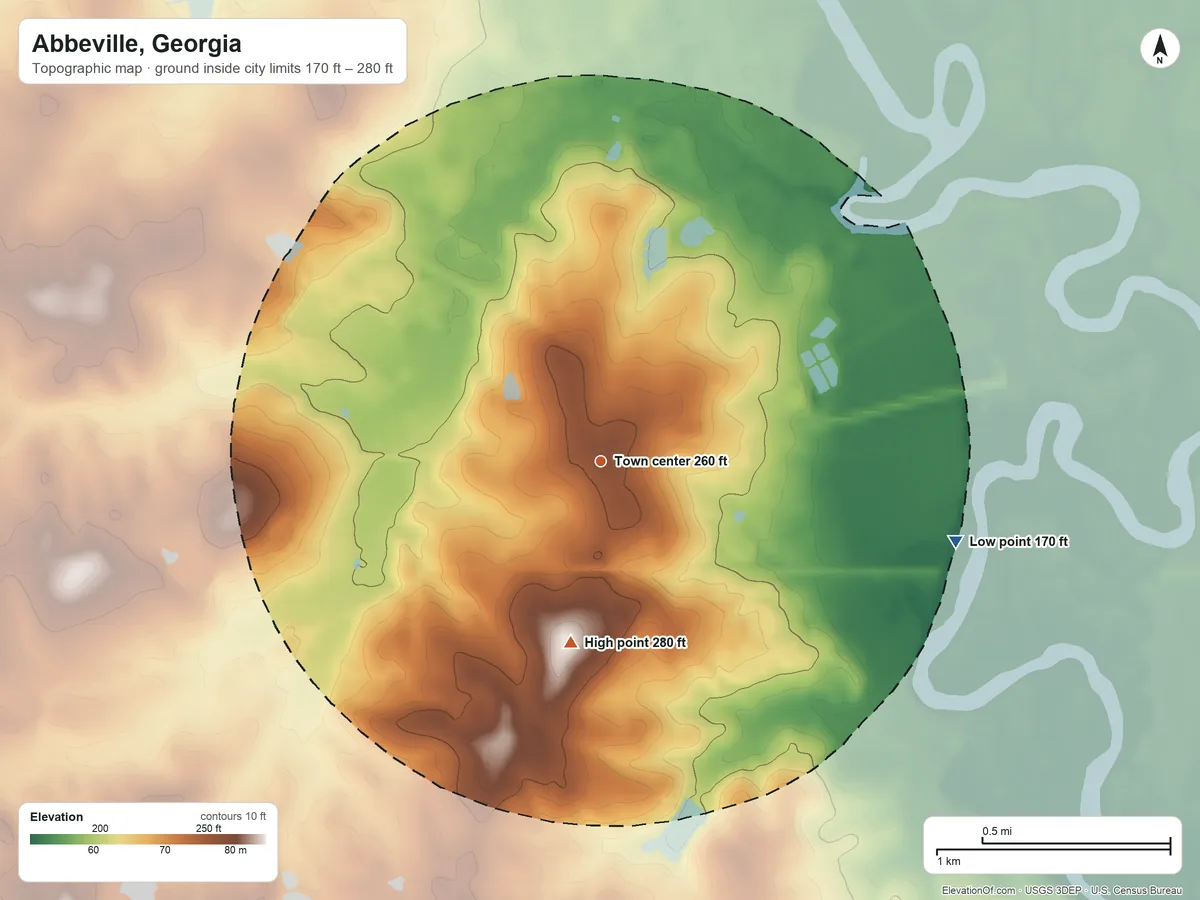 Topographic elevation map of Abbeville, Georgia, shaded from 170 ft on the east side to 280 ft on the south side