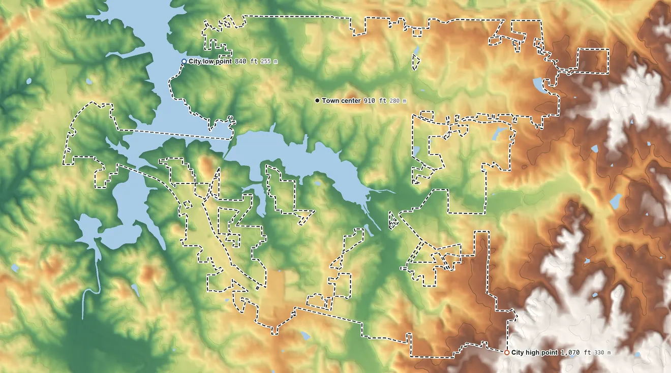 Topographic elevation map of Acworth, Georgia, shaded from 840 ft on the west side to 1,070 ft on the southeast side