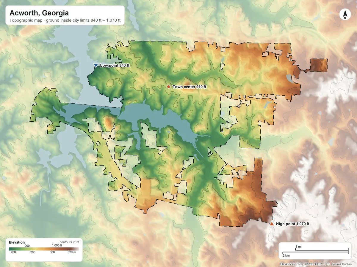 Topographic elevation map of Acworth, Georgia, shaded from 840 ft on the west side to 1,070 ft on the southeast side