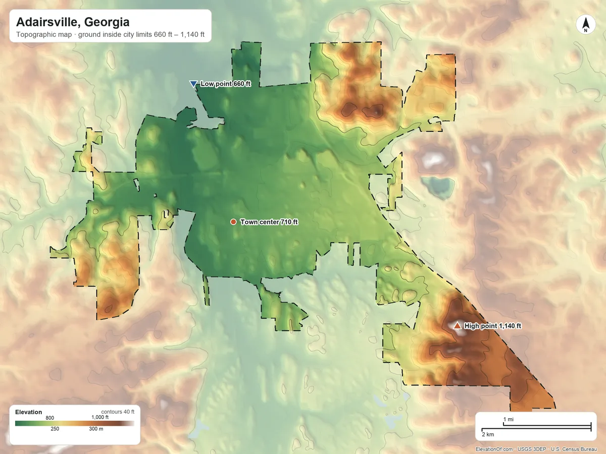 Topographic elevation map of Adairsville, Georgia, shaded from 660 ft on the north side to 1,140 ft on the southeast side