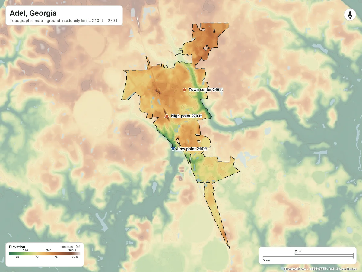 Topographic elevation map of Adel, Georgia, shaded from 210 ft on the south side to 270 ft on the southwest side