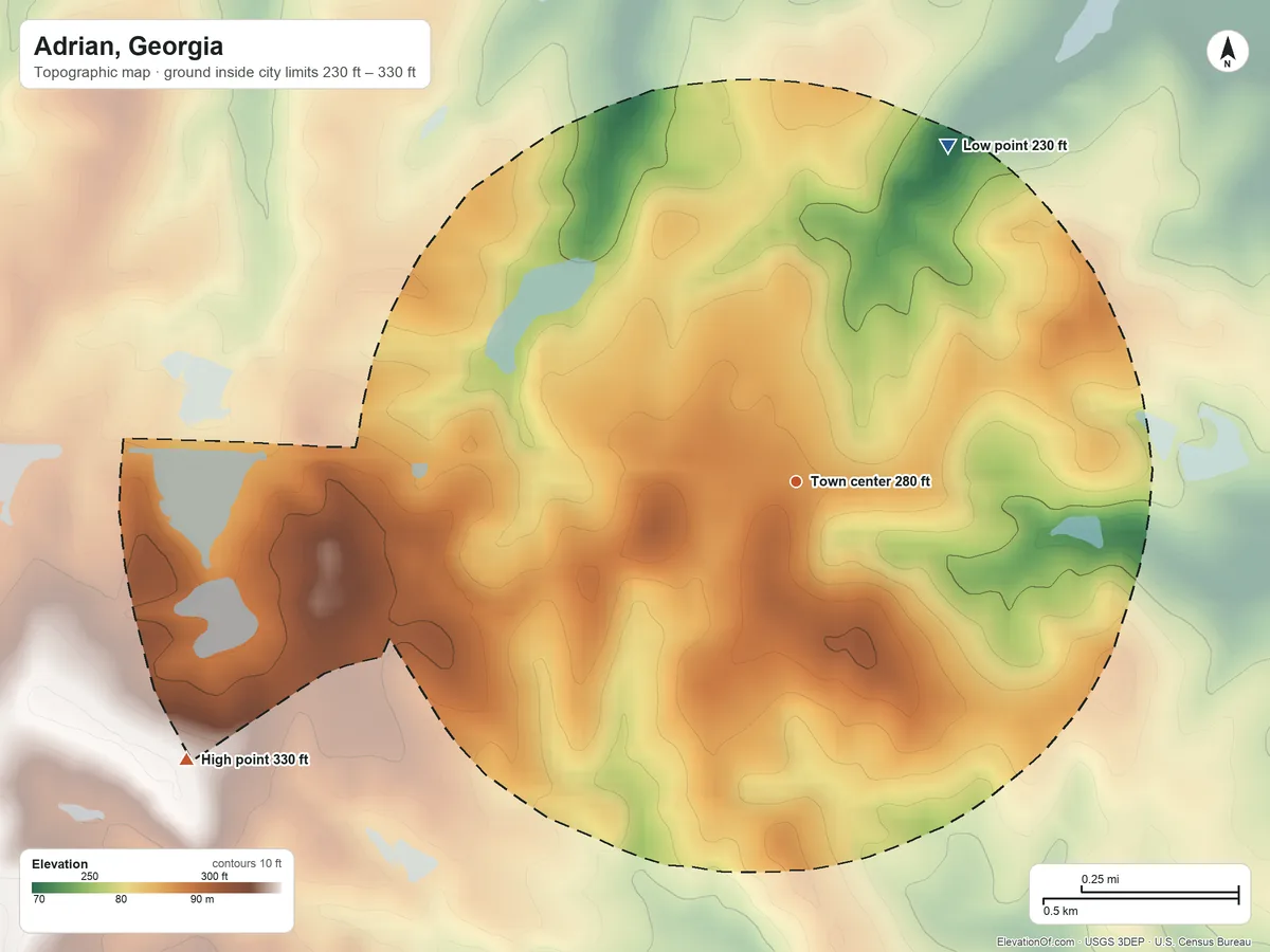 Topographic elevation map of Adrian, Georgia, shaded from 230 ft on the northeast side to 330 ft on the southwest side