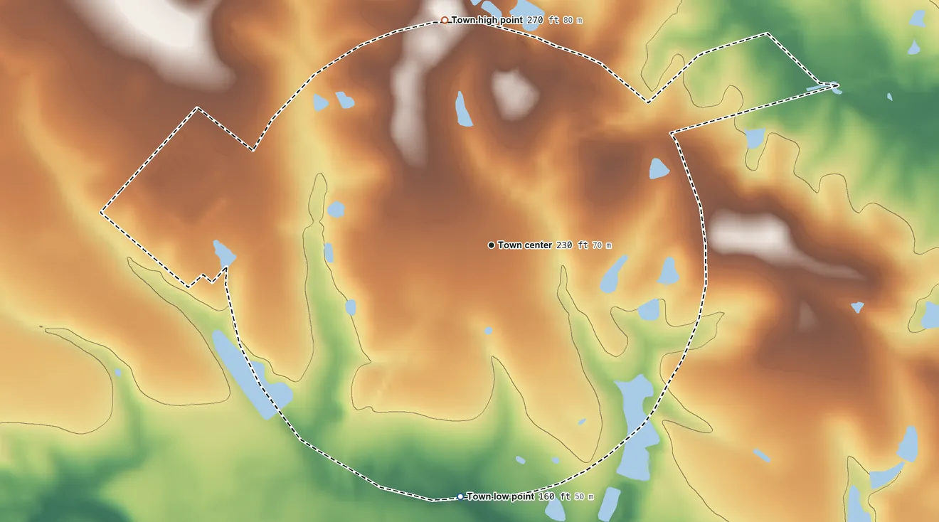 Topographic elevation map of Alamo, Georgia, shaded from 160 ft on the south side to 270 ft on the north side