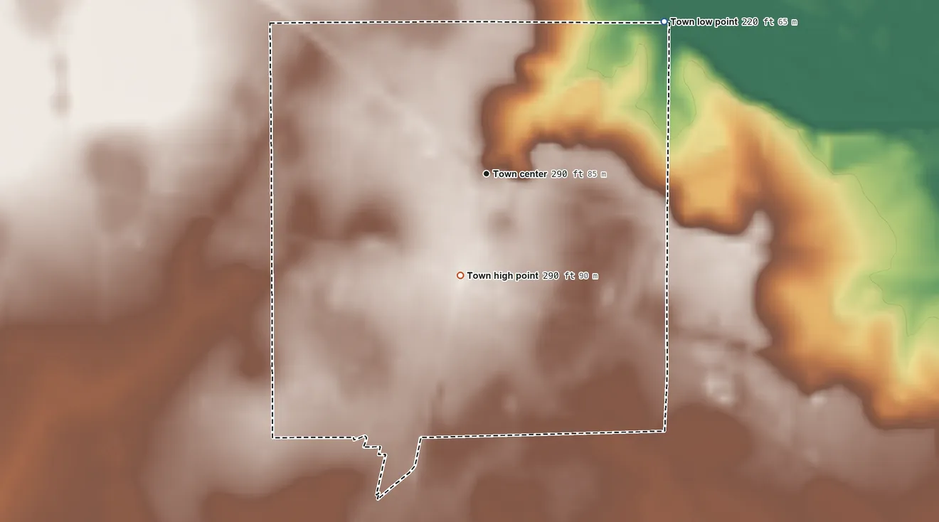 Topographic elevation map of Alapaha, Georgia, shaded from 220 ft on the northeast side to 290 ft on the south side