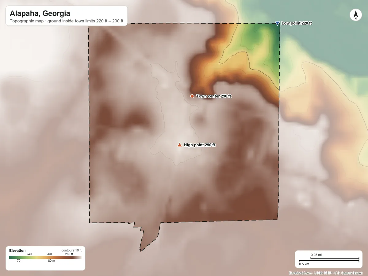 Topographic elevation map of Alapaha, Georgia, shaded from 220 ft on the northeast side to 290 ft on the south side