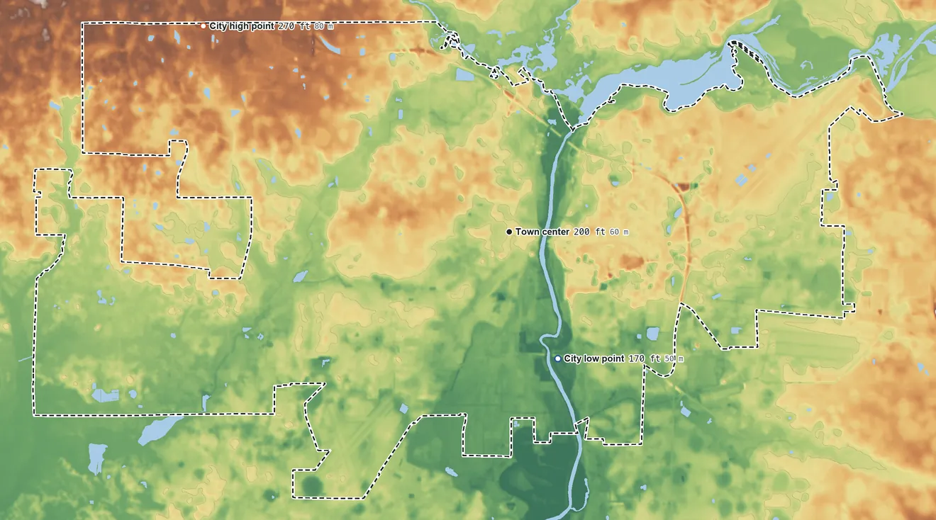Topographic elevation map of Albany, Georgia, shaded from 170 ft on the south side to 270 ft on the northwest side