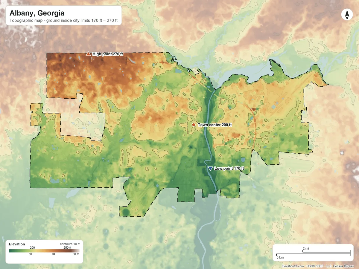 Topographic elevation map of Albany, Georgia, shaded from 170 ft on the south side to 270 ft on the northwest side