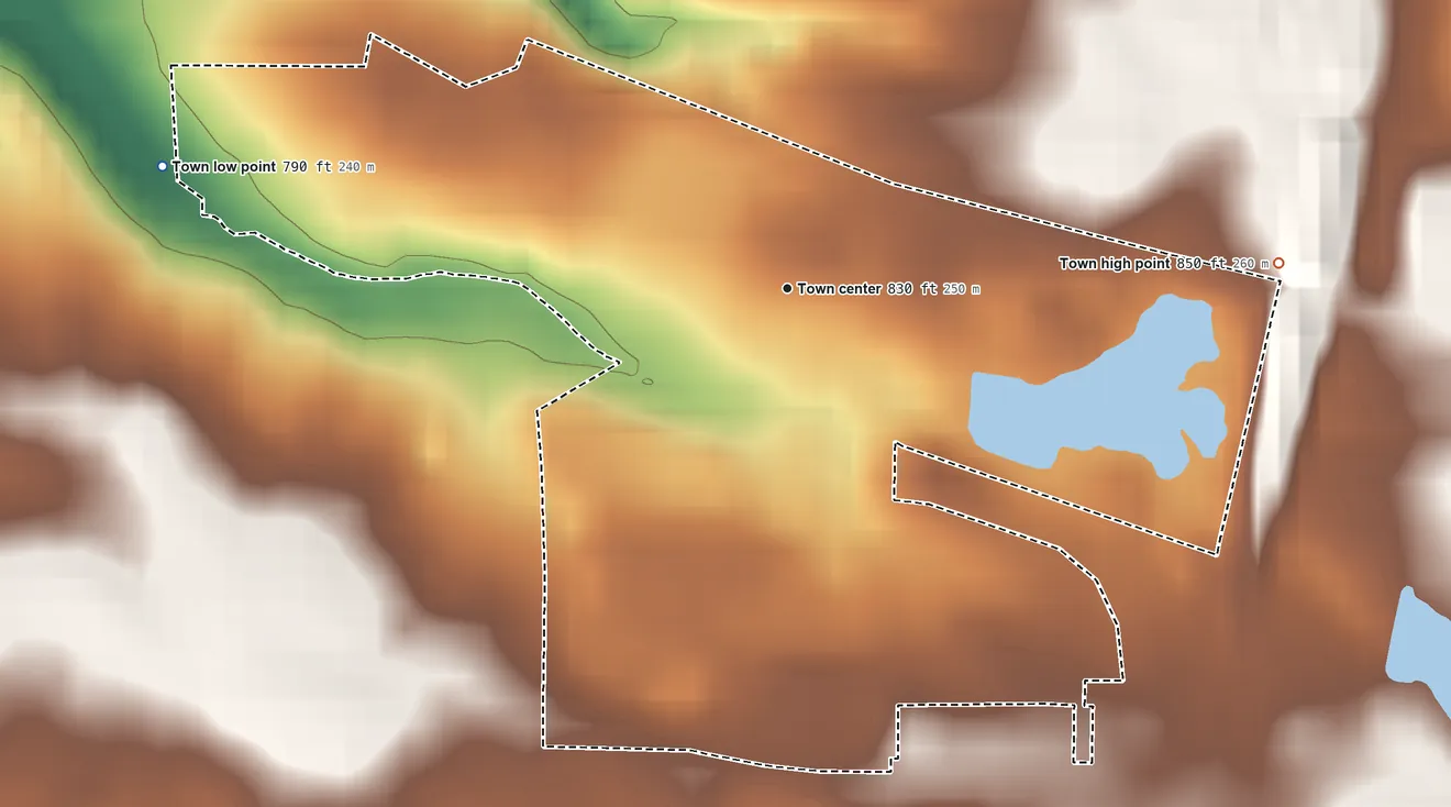 Topographic elevation map of Aldora, Georgia, shaded from 790 ft on the west side to 850 ft on the east side