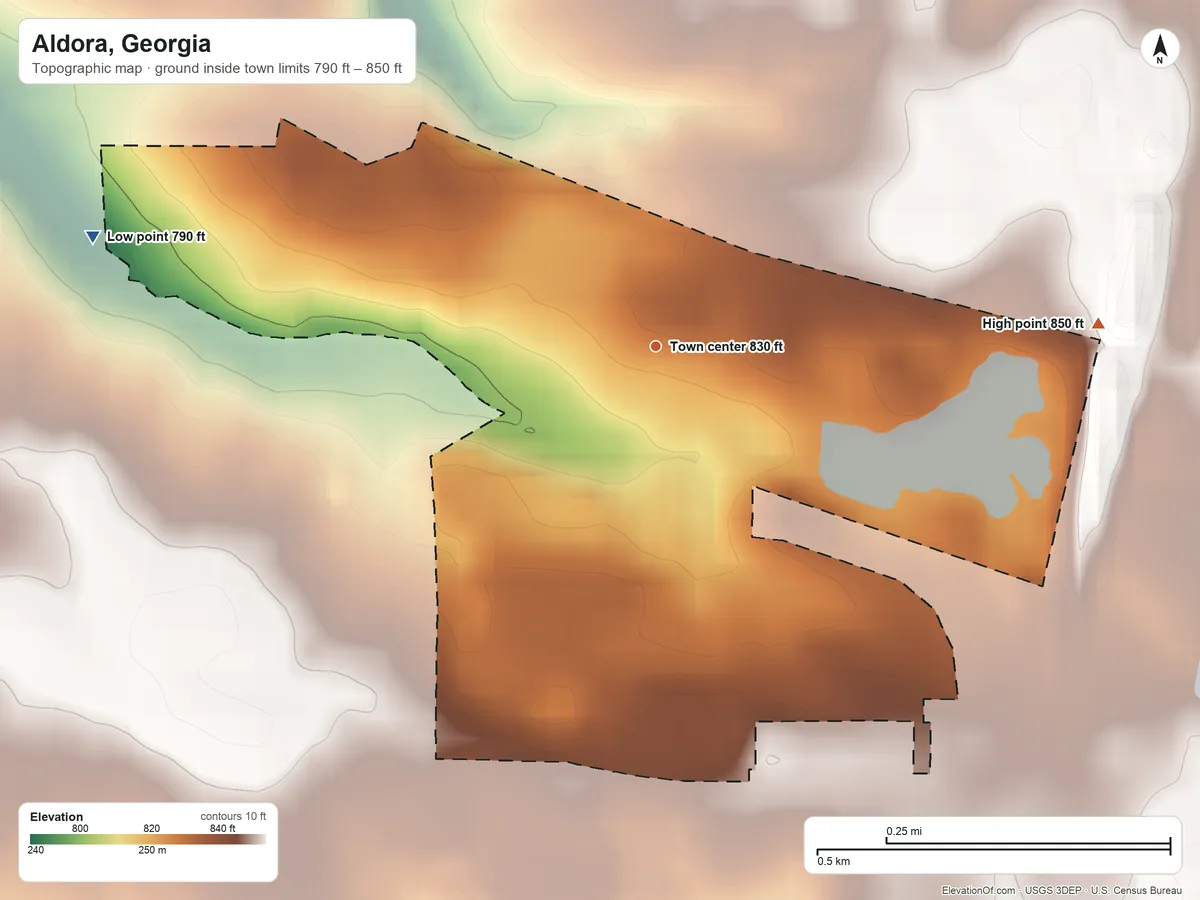 Topographic elevation map of Aldora, Georgia, shaded from 790 ft on the west side to 850 ft on the east side