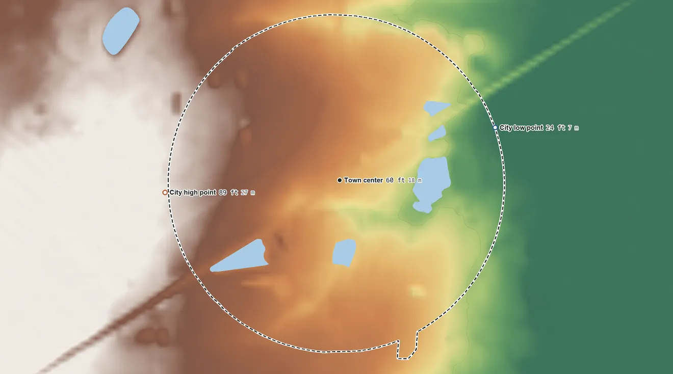 Topographic elevation map of Allenhurst, Georgia, shaded from 24 ft on the east side to 89 ft on the west side