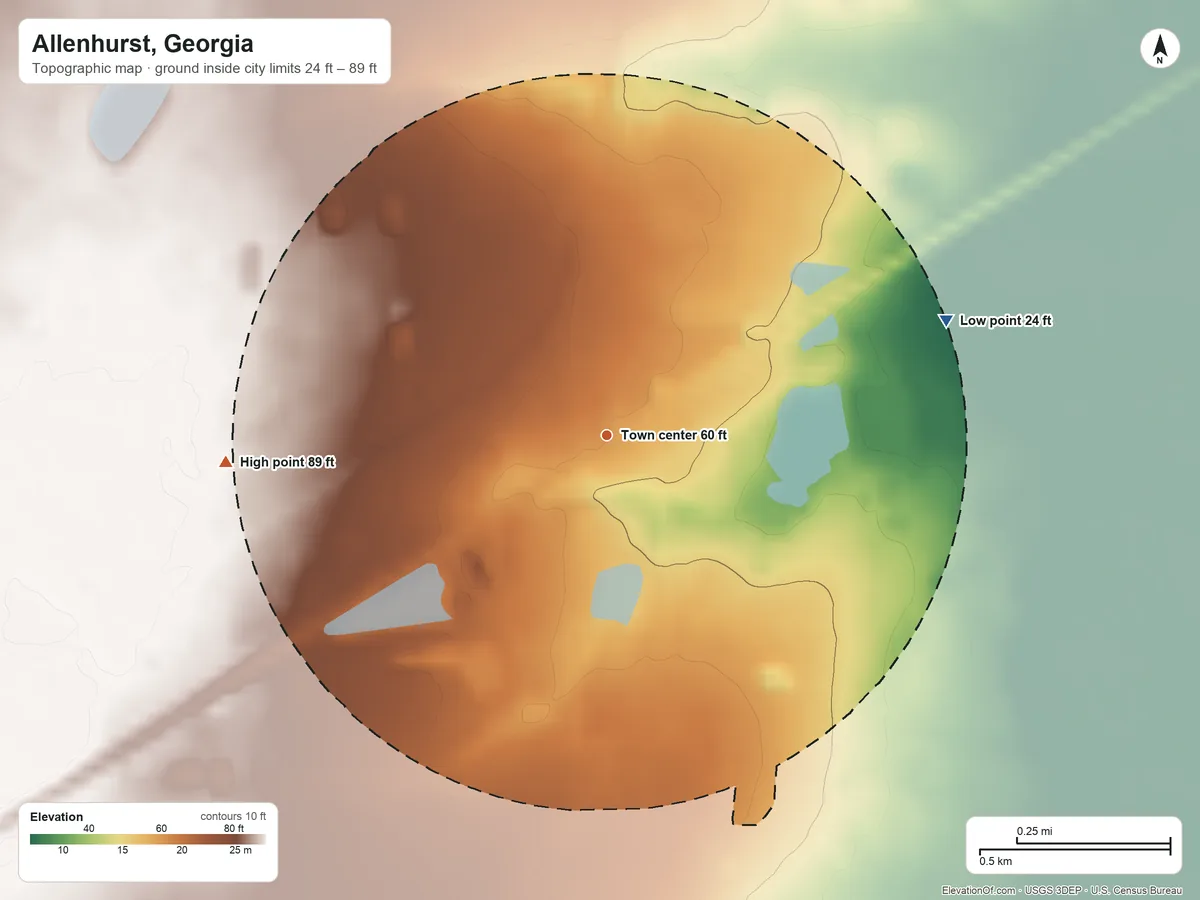 Topographic elevation map of Allenhurst, Georgia, shaded from 24 ft on the east side to 89 ft on the west side