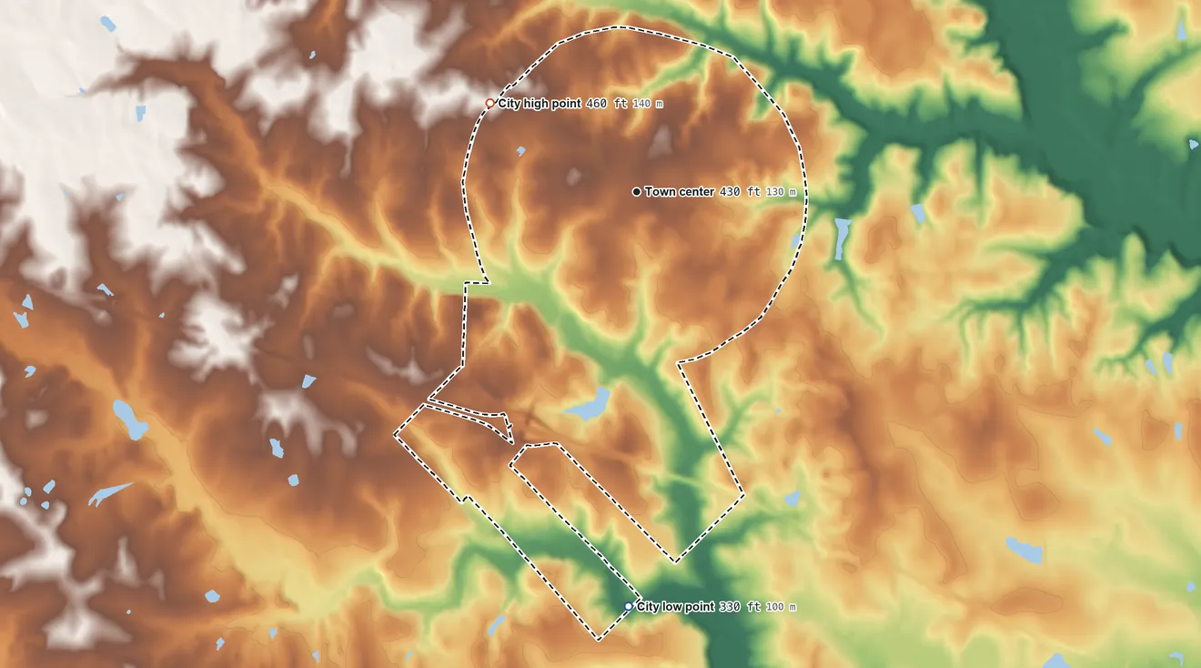 Topographic elevation map of Allentown, Georgia, shaded from 330 ft on the south side to 460 ft on the northwest side