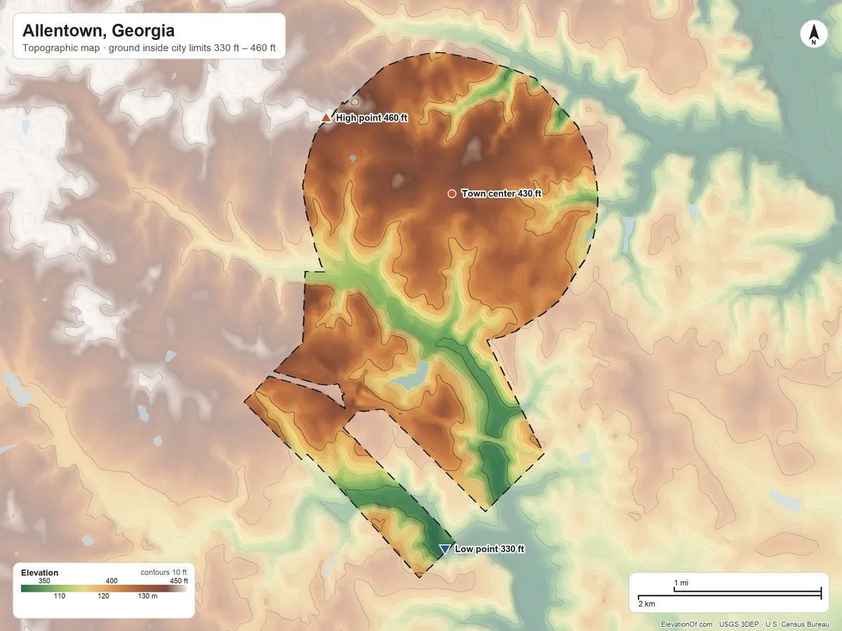 Topographic elevation map of Allentown, Georgia, shaded from 330 ft on the south side to 460 ft on the northwest side