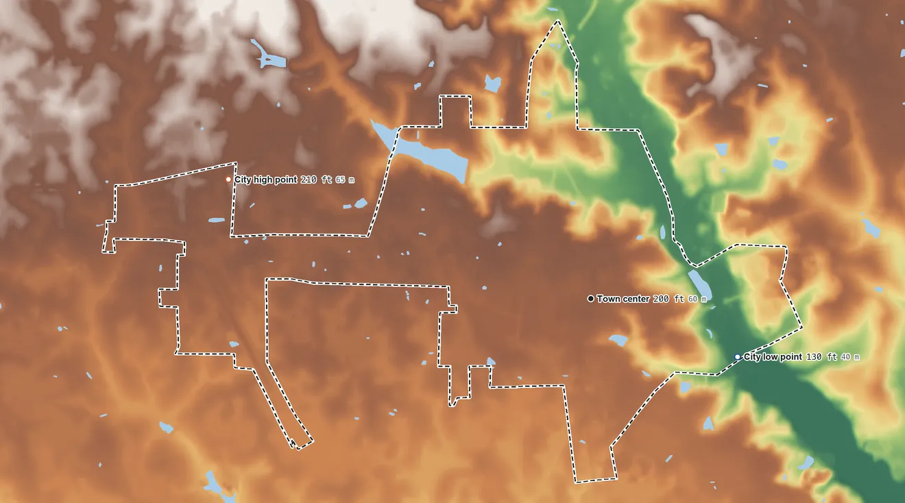 Topographic elevation map of Alma, Georgia, shaded from 130 ft on the east side to 210 ft on the west side