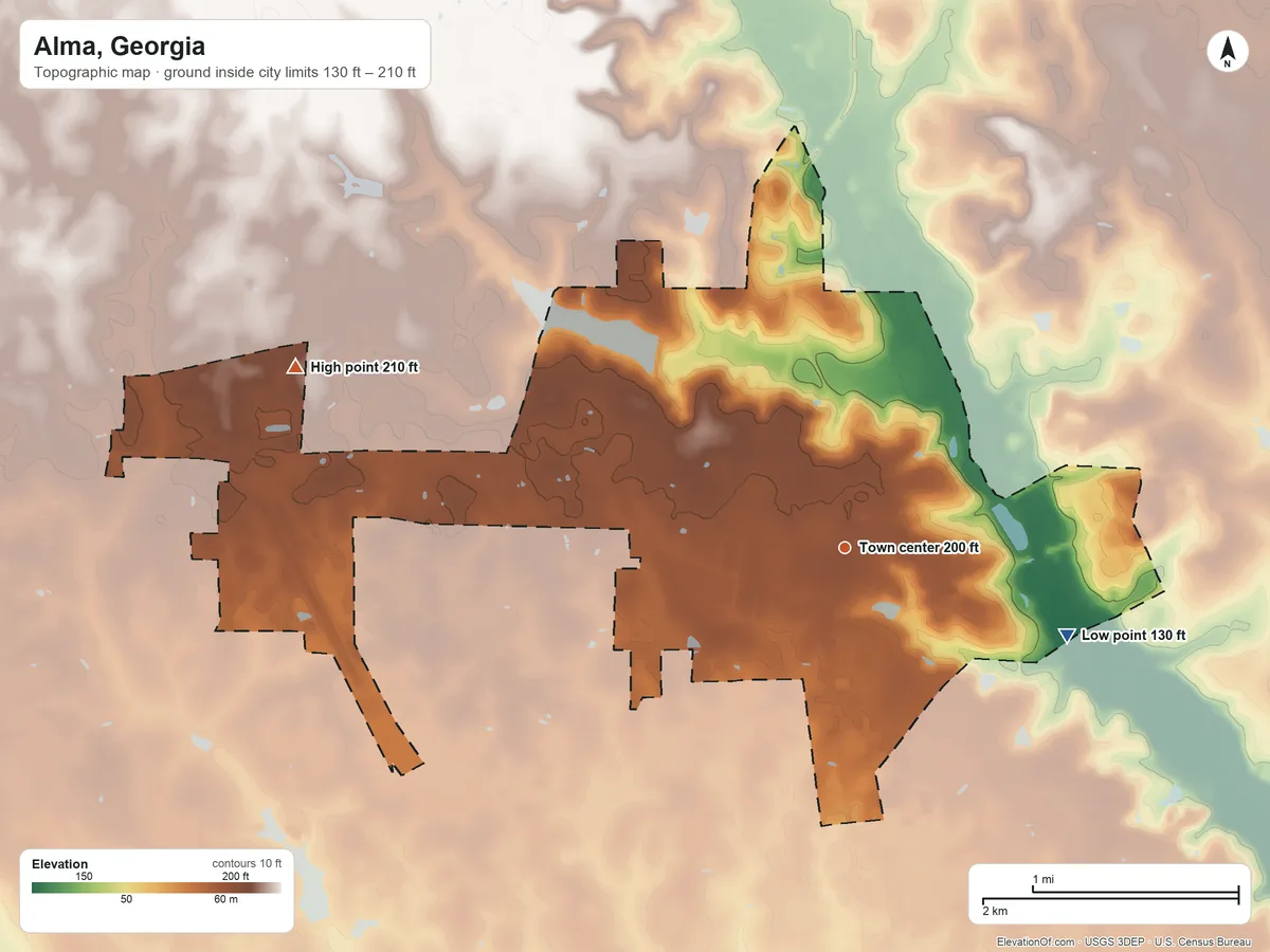Topographic elevation map of Alma, Georgia, shaded from 130 ft on the east side to 210 ft on the west side