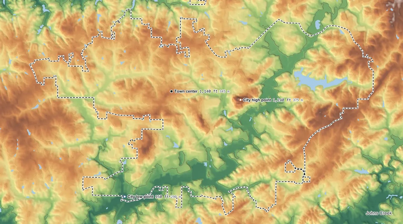 Topographic elevation map of Alpharetta, Georgia, shaded from 950 ft on the southwest side to 1,240 ft on the east side