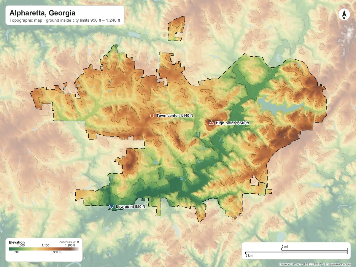 Topographic elevation map of Alpharetta, Georgia, shaded from 950 ft on the southwest side to 1,240 ft on the east side