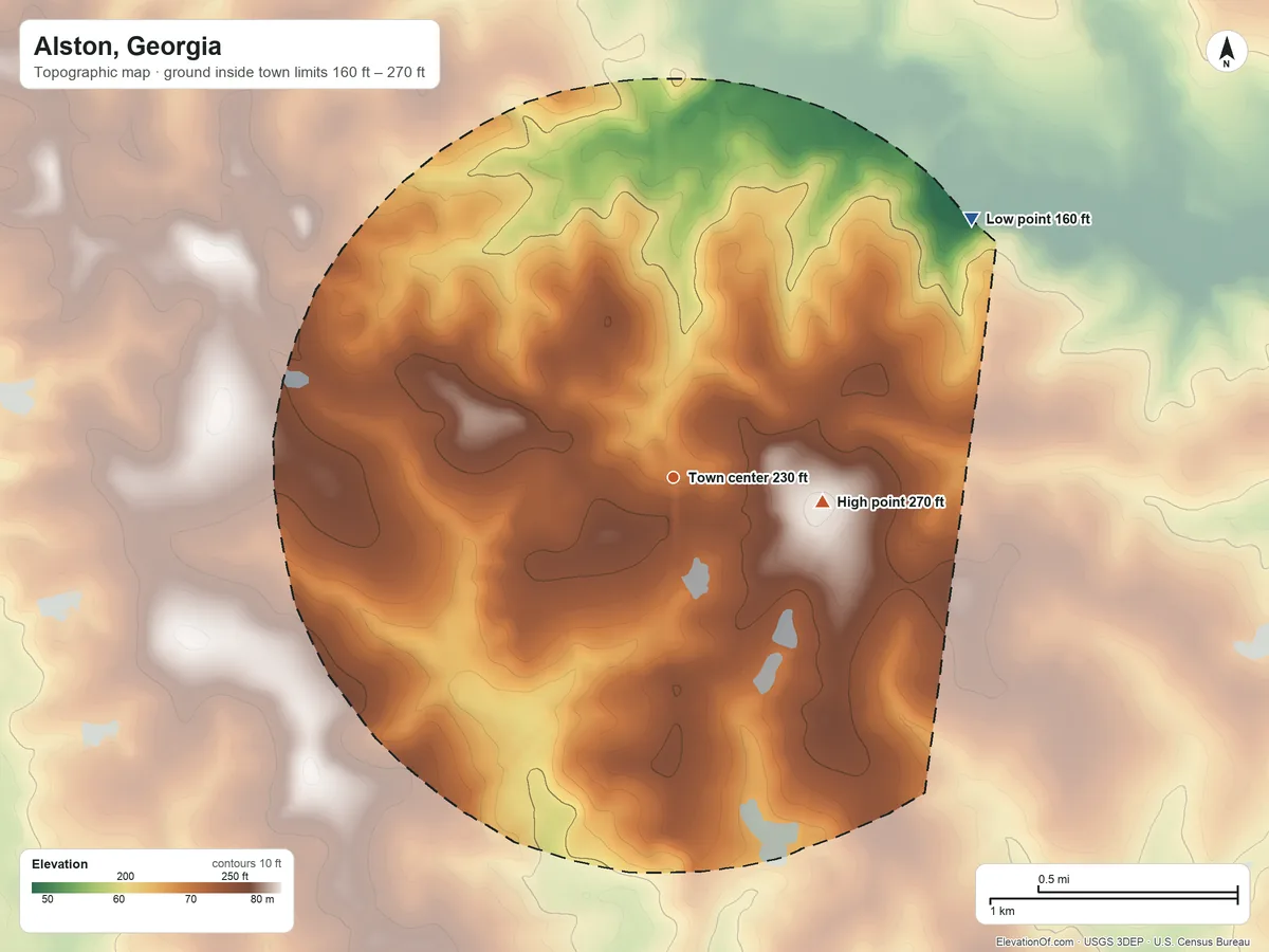Topographic elevation map of Alston, Georgia, shaded from 160 ft on the northeast side to 270 ft on the east side