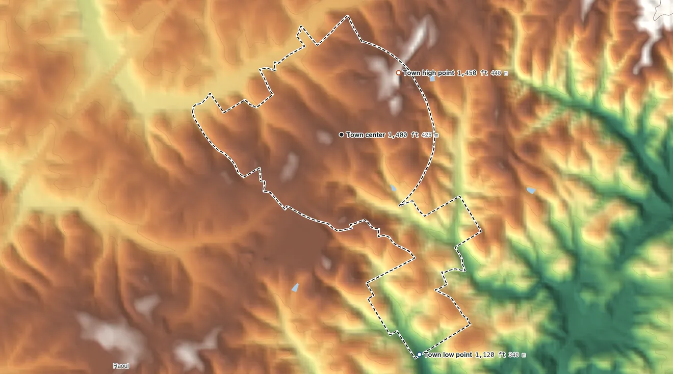 Topographic elevation map of Alto, Georgia, shaded from 1,120 ft on the south side to 1,450 ft on the northeast side