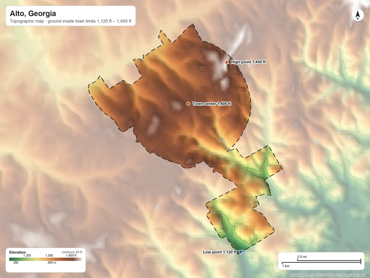 Topographic elevation map of Alto, Georgia, shaded from 1,120 ft on the south side to 1,450 ft on the northeast side