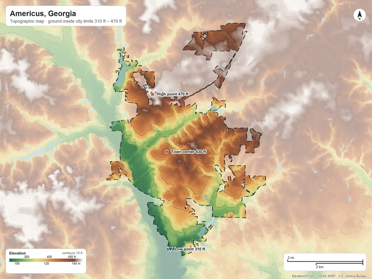 Topographic elevation map of Americus, Georgia, shaded from 310 ft on the south side to 470 ft on the north side