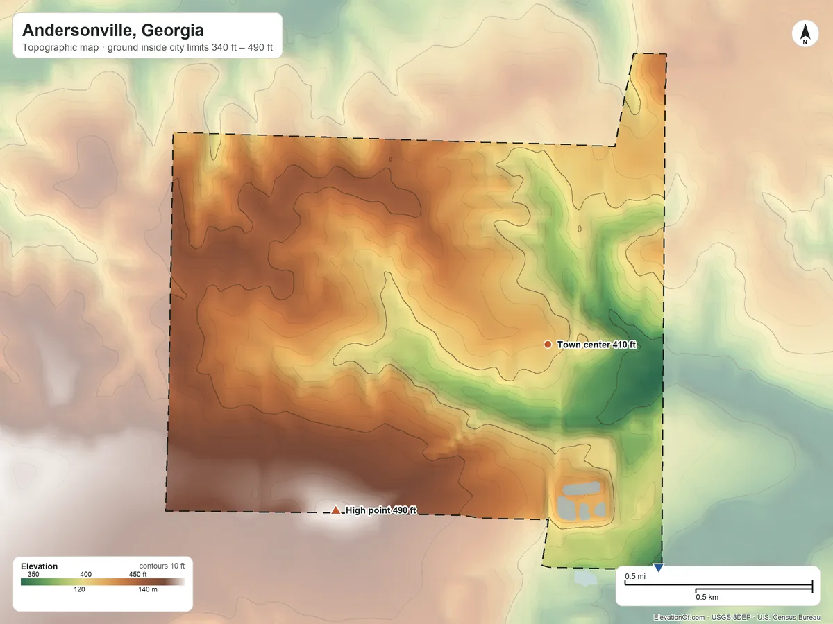 Topographic elevation map of Andersonville, Georgia, shaded from 340 ft on the southeast side to 490 ft on the southwest side