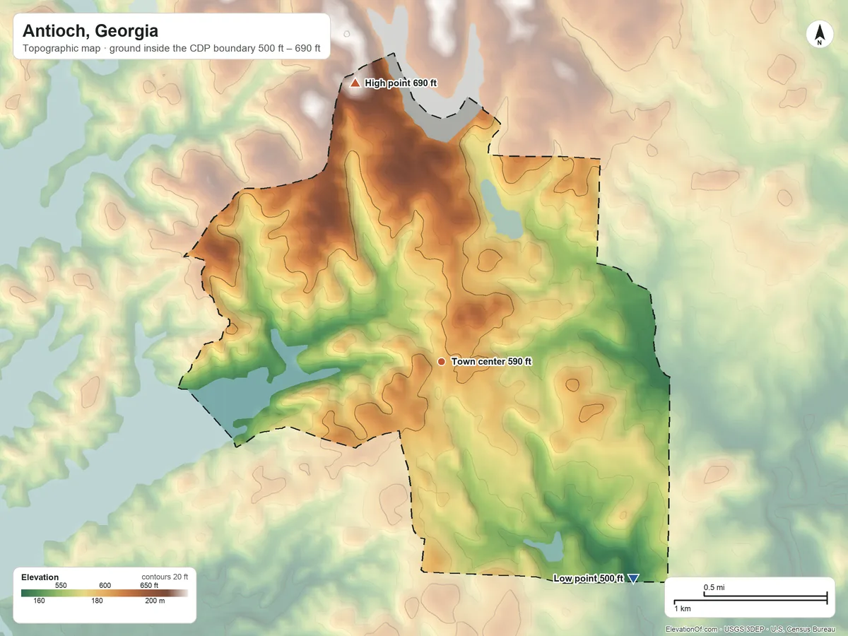 Topographic elevation map of Antioch, Georgia, shaded from 500 ft on the southeast side to 690 ft on the north side