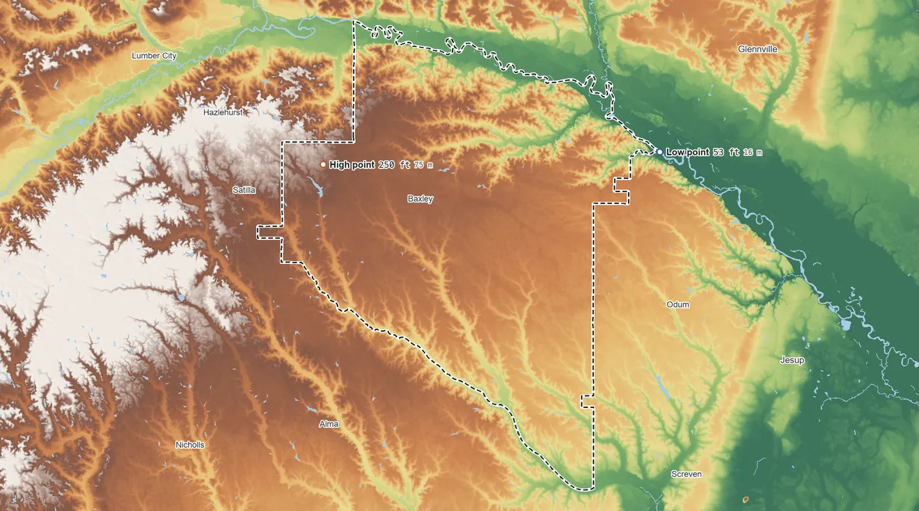 Topographic elevation map of Appling County, Georgia, shaded from 53 ft on the northeast side to 250 ft on the northwest side