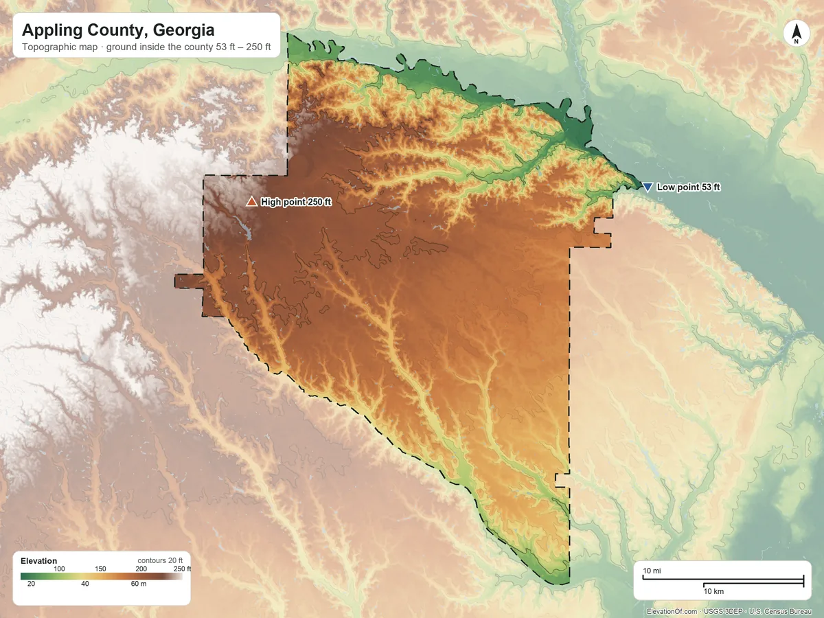Topographic elevation map of Appling County, Georgia, shaded from 53 ft on the northeast side to 250 ft on the northwest side