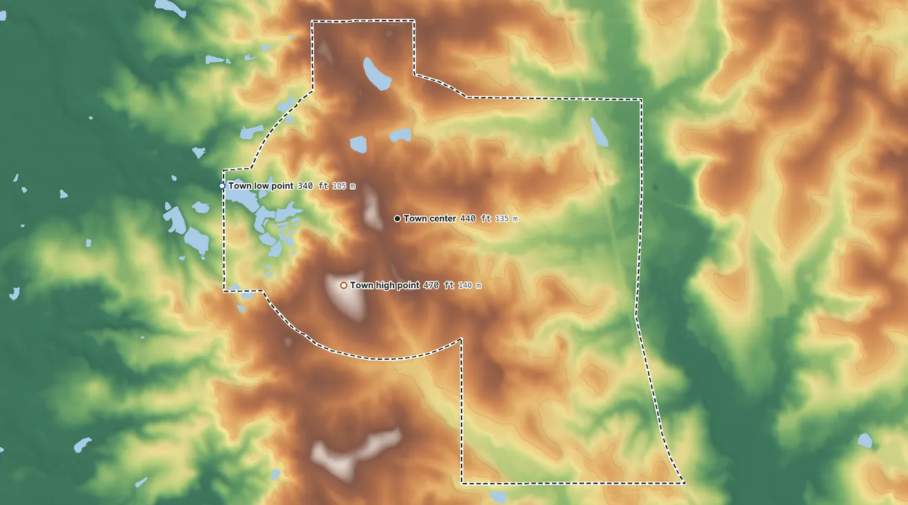 Topographic elevation map of Arabi, Georgia, shaded from 340 ft on the west side to 470 ft on the southwest side