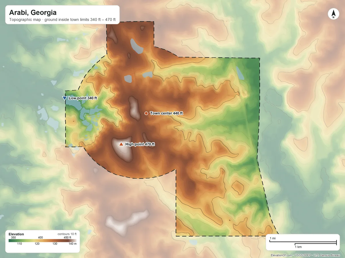Topographic elevation map of Arabi, Georgia, shaded from 340 ft on the west side to 470 ft on the southwest side
