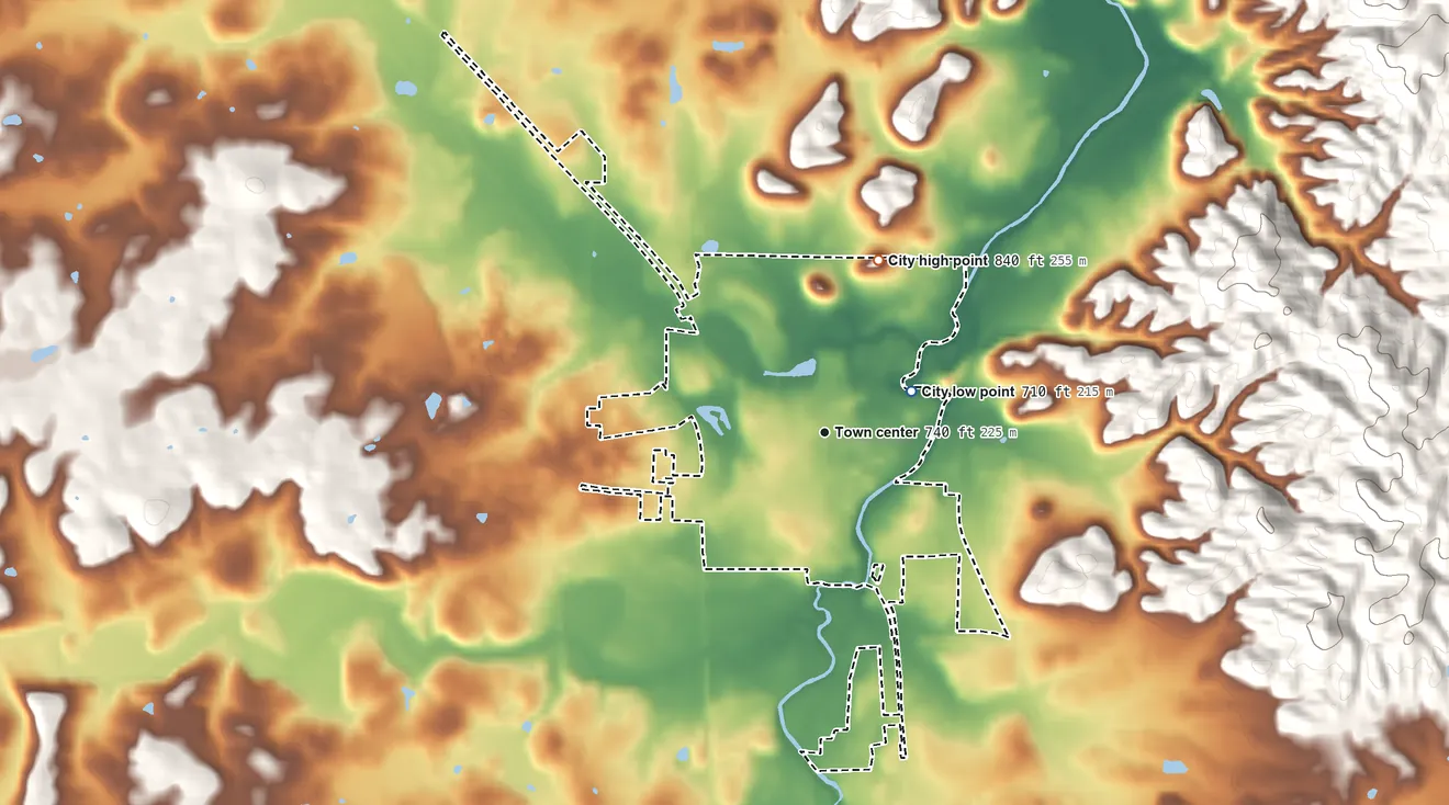 Topographic elevation map of Aragon, Georgia, shaded from 710 ft on the northeast side to 840 ft on the north side