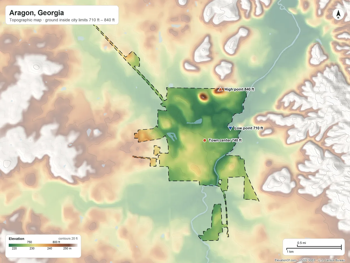 Topographic elevation map of Aragon, Georgia, shaded from 710 ft on the northeast side to 840 ft on the north side