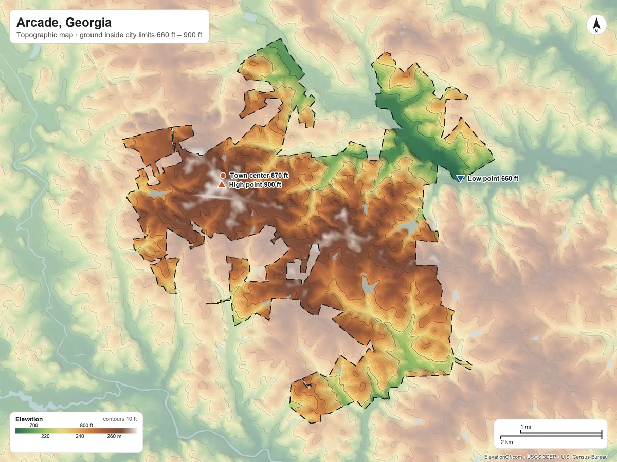 Topographic elevation map of Arcade, Georgia, shaded from 660 ft on the east side to 900 ft near the middle