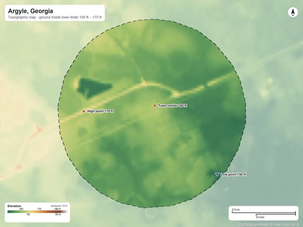 Topographic elevation map of Argyle, Georgia, shaded from 150 ft on the southeast side to 170 ft on the west side