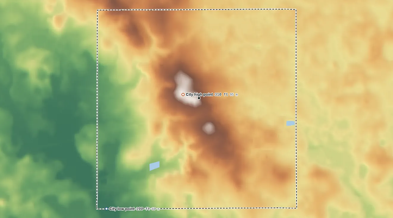 Topographic elevation map of Arlington, Georgia, shaded from 200 ft on the southwest side to 310 ft near the middle