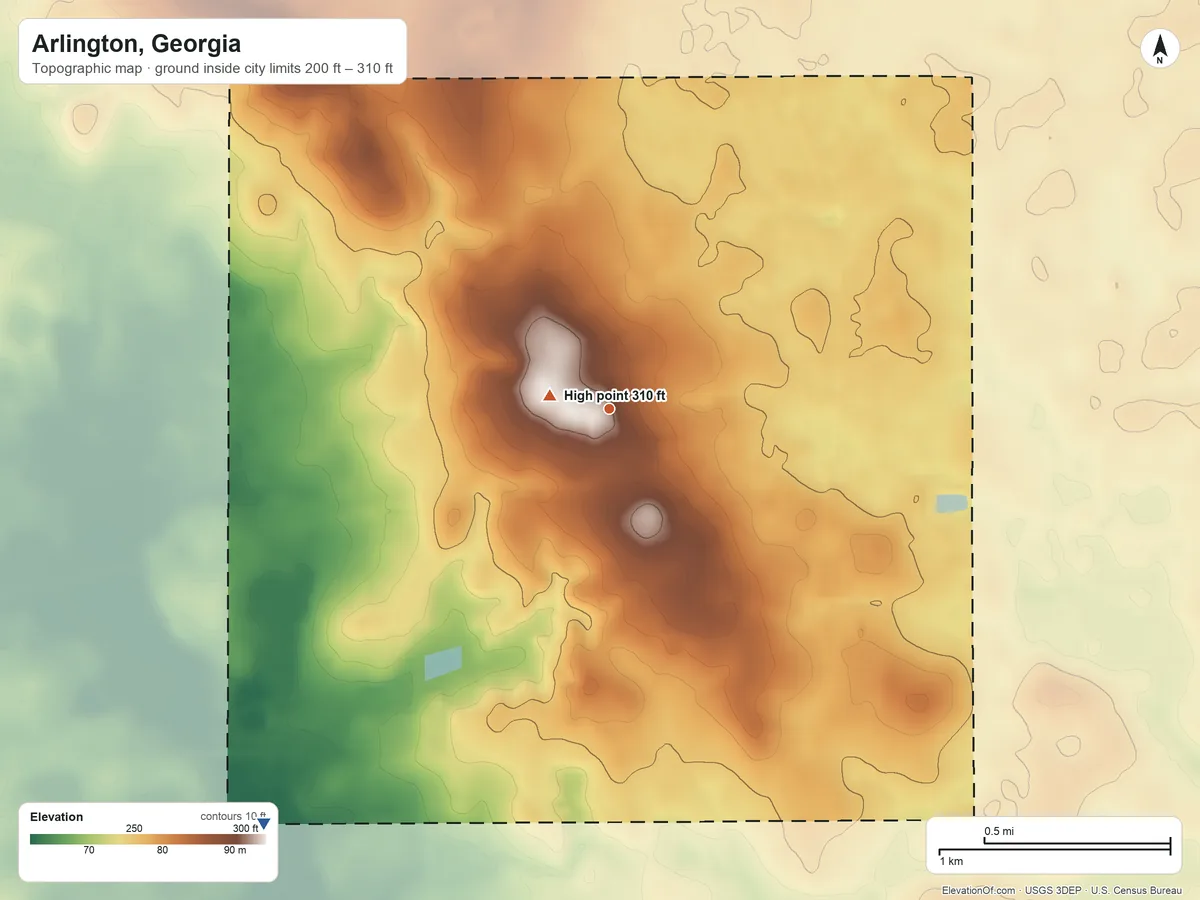 Topographic elevation map of Arlington, Georgia, shaded from 200 ft on the southwest side to 310 ft near the middle