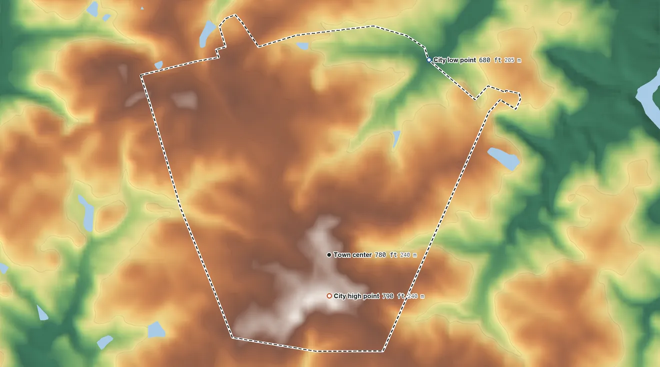 Topographic elevation map of Arnoldsville, Georgia, shaded from 680 ft on the northeast side to 790 ft near the middle