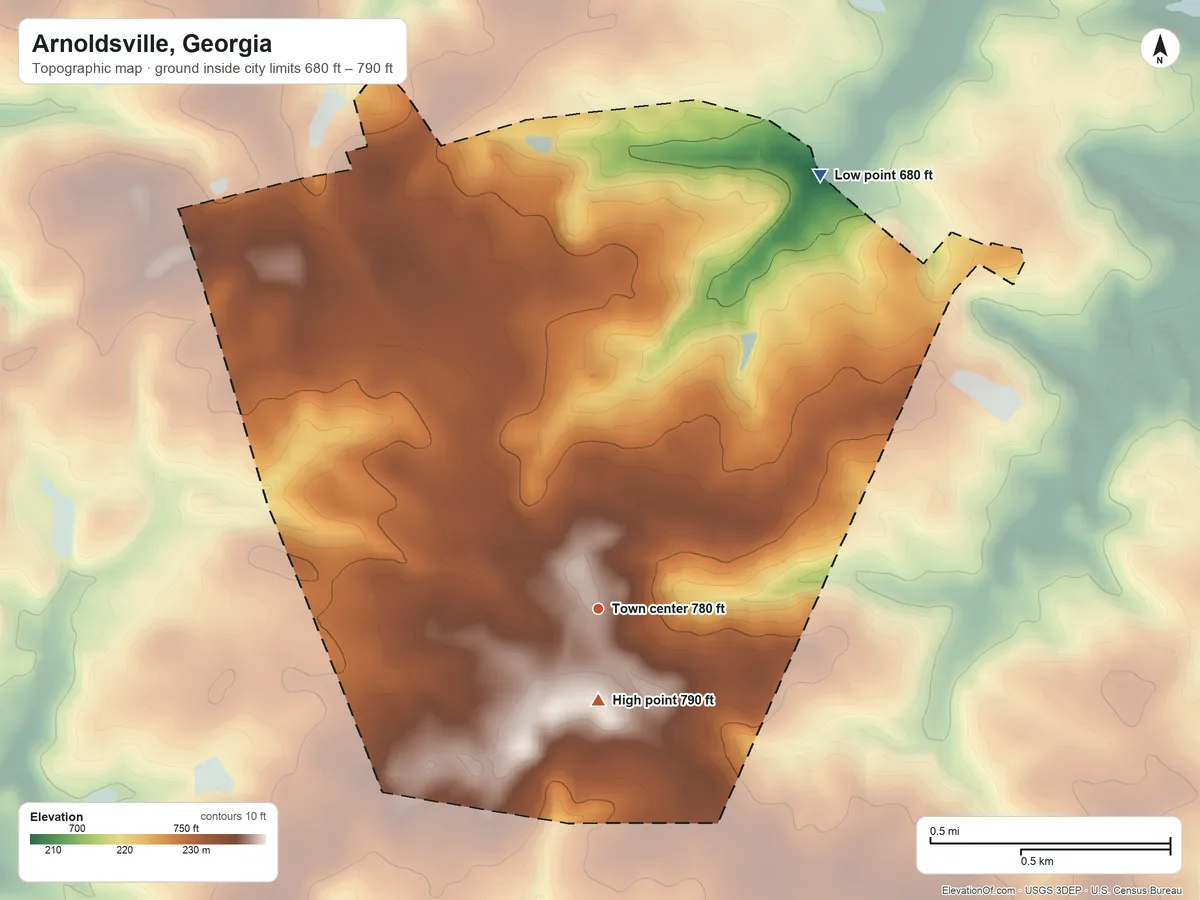 Topographic elevation map of Arnoldsville, Georgia, shaded from 680 ft on the northeast side to 790 ft near the middle