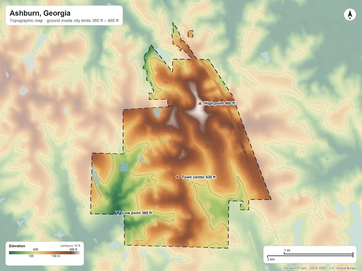 Topographic elevation map of Ashburn, Georgia, shaded from 360 ft on the southwest side to 460 ft on the north side