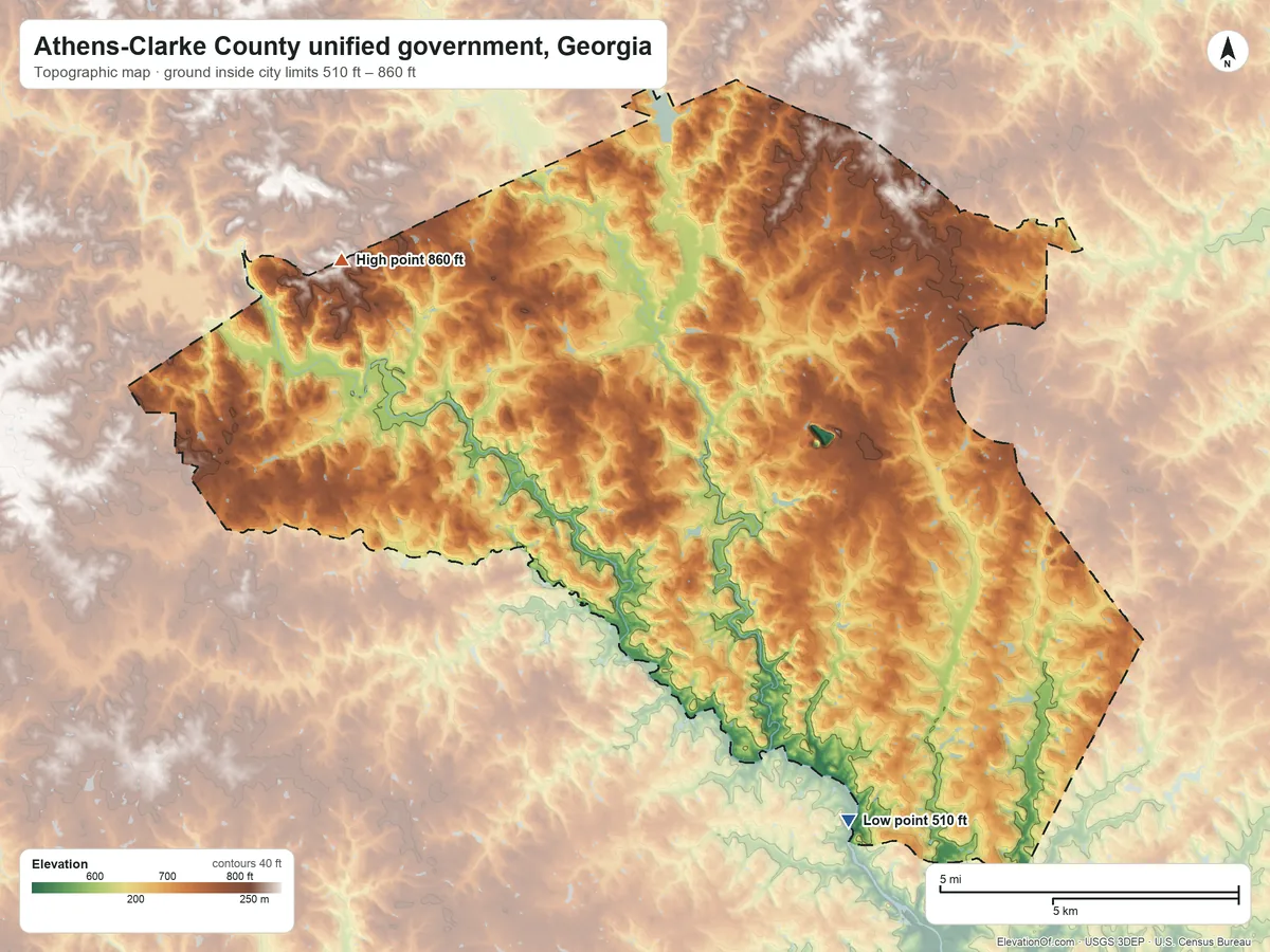 Topographic elevation map of Athens-Clarke County unified government, Georgia, shaded from 510 ft on the southeast side to 860 ft on the northwest side